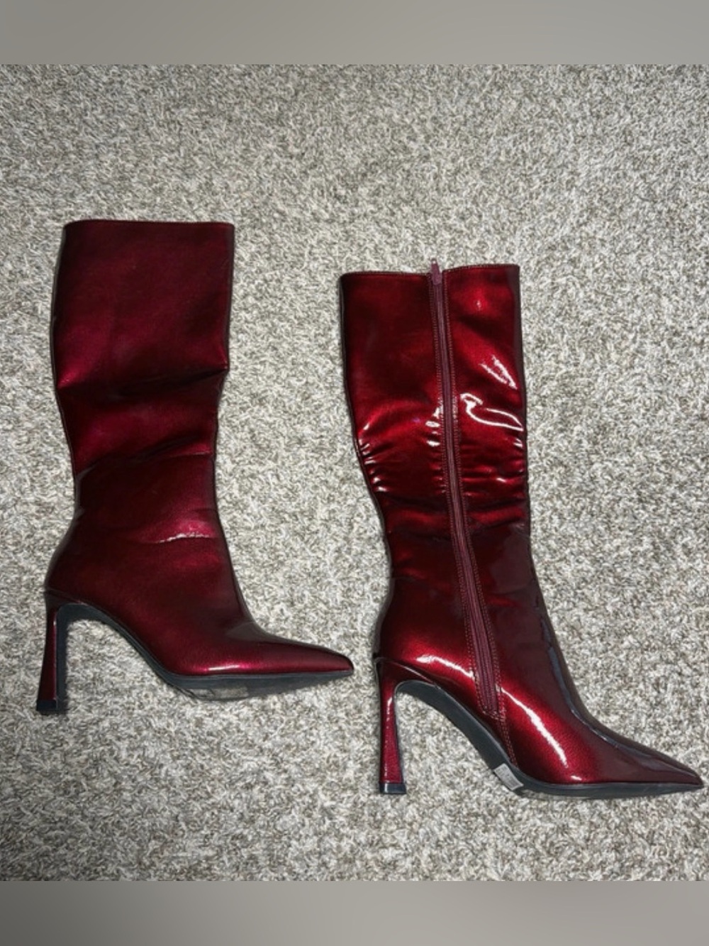 Windsor Shiny Wine Red Pointed-Toe Mid-Calf Heel Boots